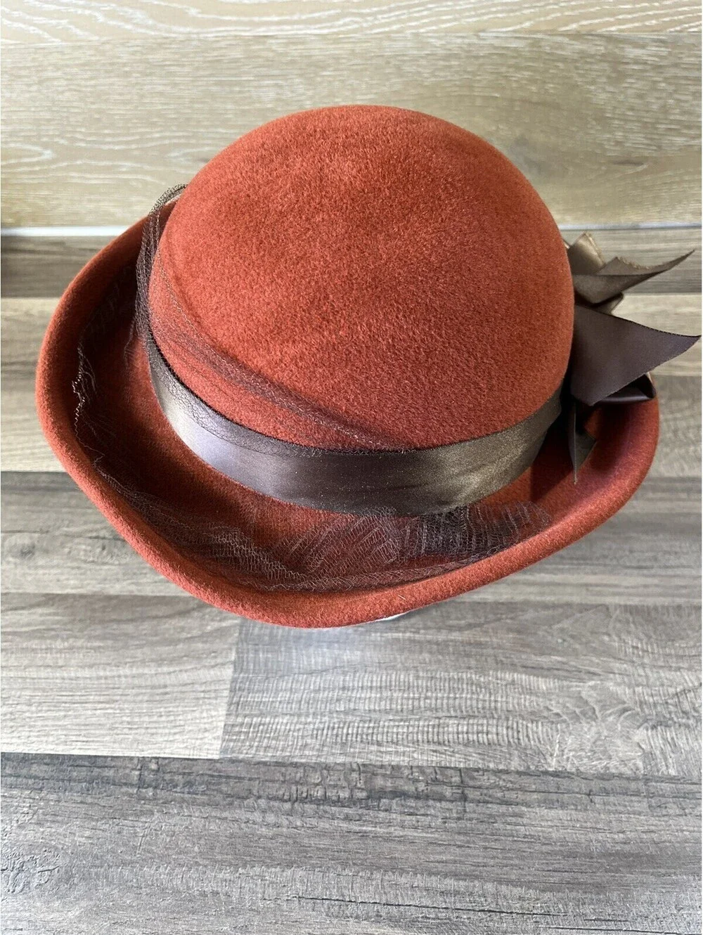 Betmar New York Brown Cloche Hat Wool with Satin Bow
